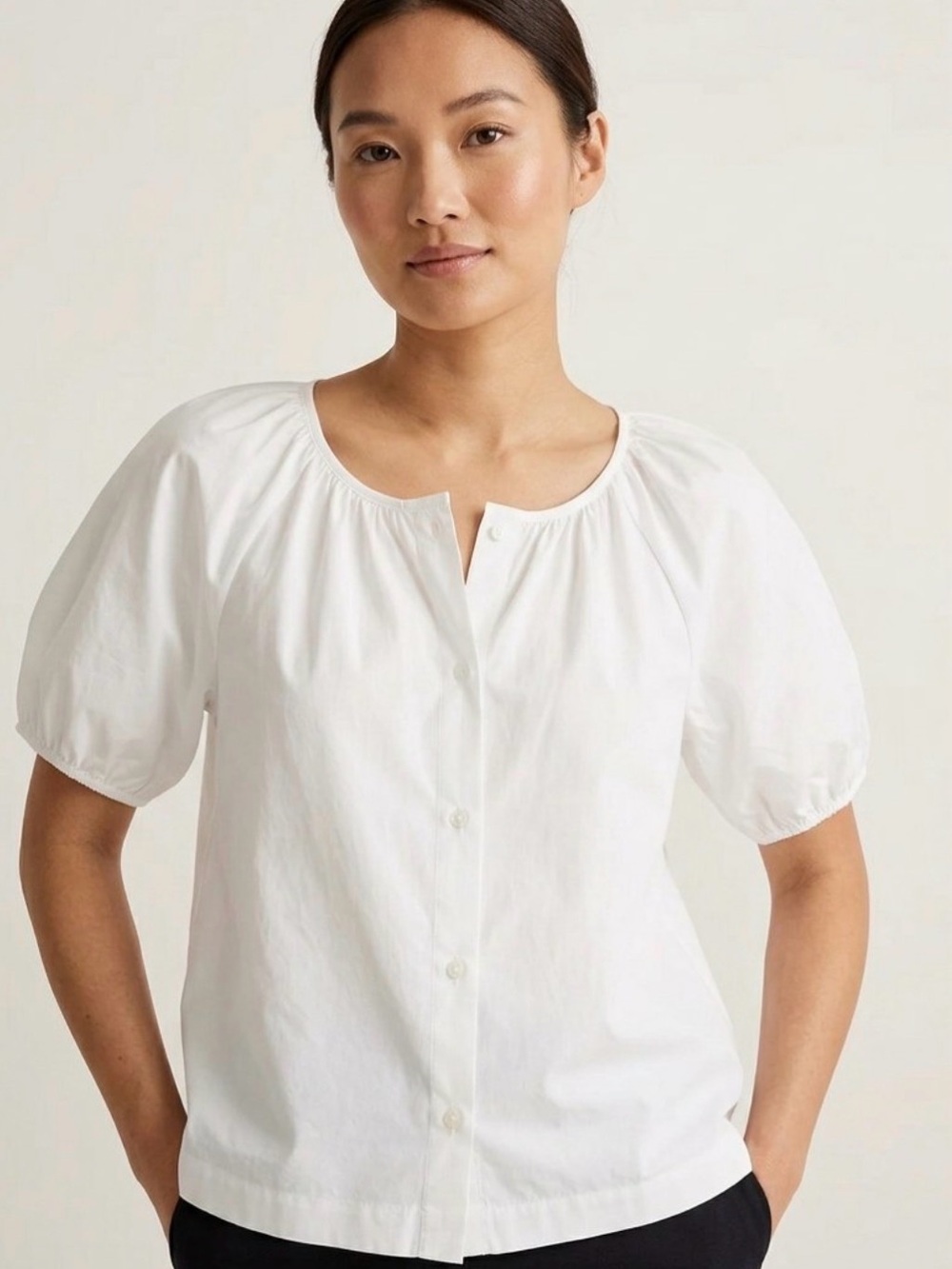 J.CREW Women's White Poplin Woven Round Neck Puff Sleeve
Button Blouse M NWT